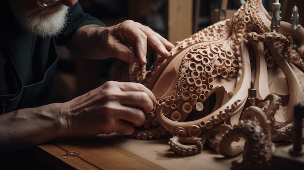 The man working on a wooden man's hand with an octopus Generative AI AIG21