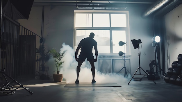 Photo a man in a workout outfit stands in a smokefilled studio silhouetted against a large window