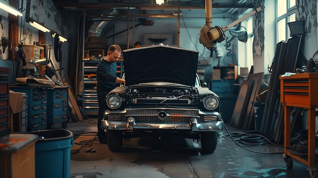 Photo a man works on a classic car in a cluttered garage