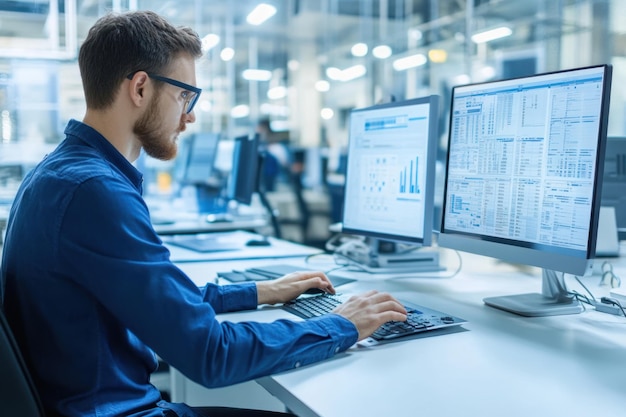 A Man Works on a Computer with Data Analysis on the Screen