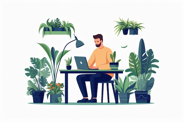 A man works at a laptop surrounded by plants.