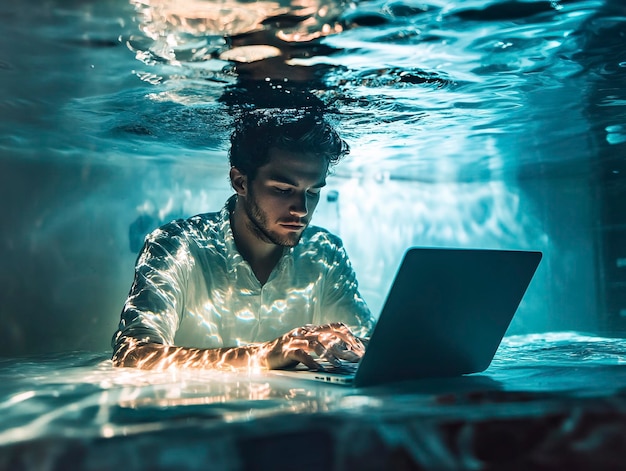 Photo a man works on a laptop underwater cinematic shot with refracted light underwater