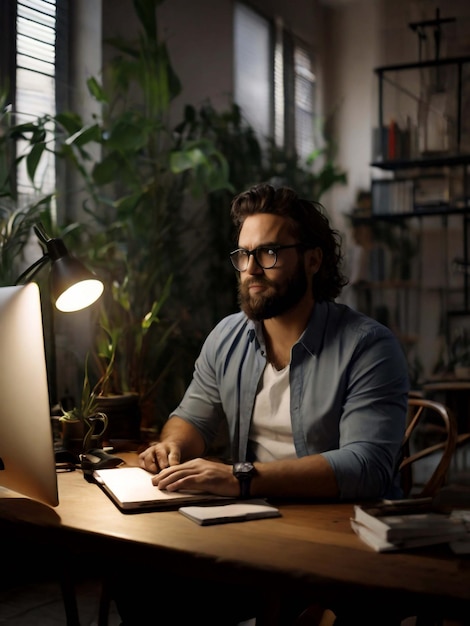 A man works on a laptop