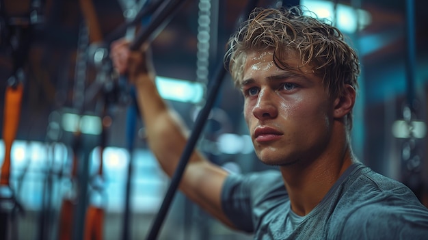 A man works out on exercise equipment in a modern gym