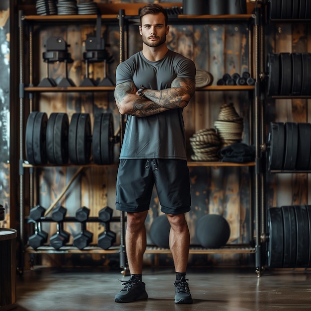 A man works out on exercise equipment in a modern gym