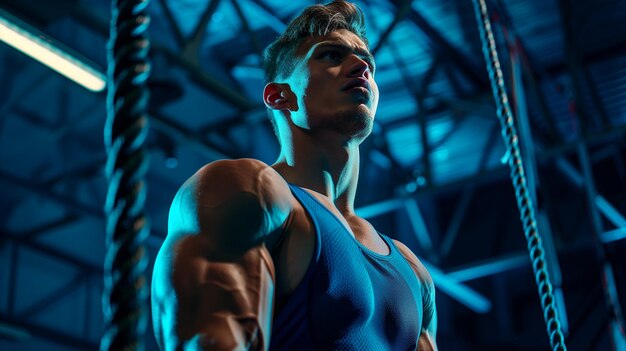 A man works out on exercise equipment in a modern gym