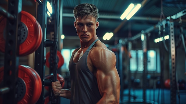 A man works out on exercise equipment in a modern gym