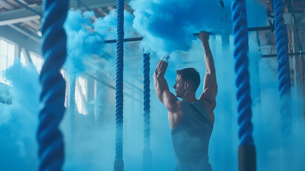 Man works out in the gym against a background of exercise equipment and blue smoke