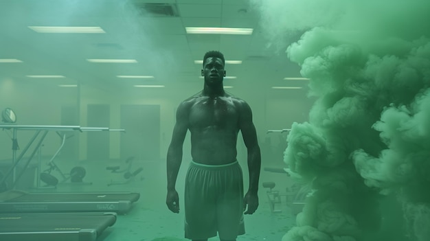 Man works out in the gym against a background of exercise equipment and green smoke