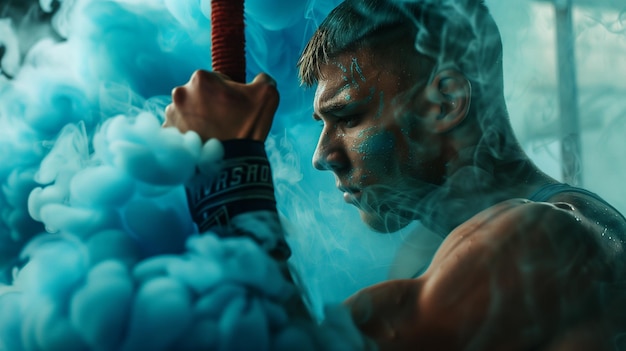 Photo man works out in the gym against a background of exercise equipment and smoke