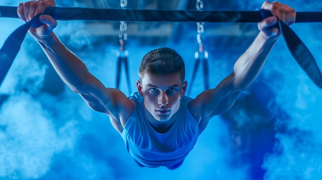 Man works out in the gym against a background of exercise equipment and smoke