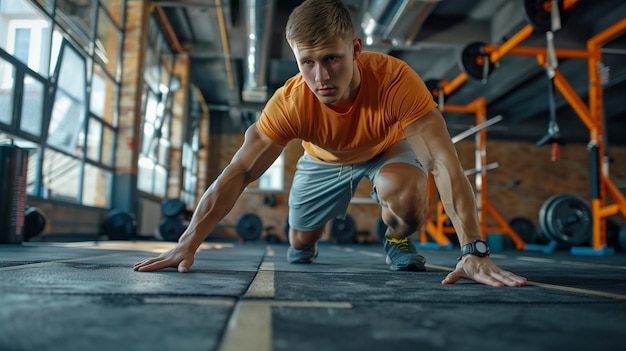 Man works out in the gym against a background of exercise equipment and smoke