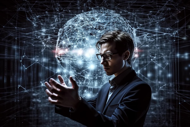 Man works with artificial intelligence and neural networks Concept of smart digital technologies of future Generative AI illustration