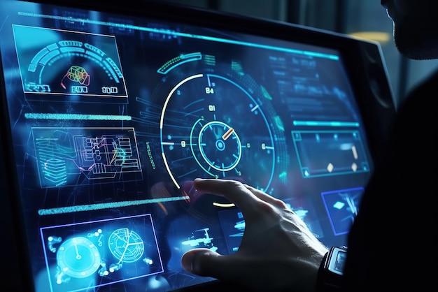 Man works with futuristic dashboard system