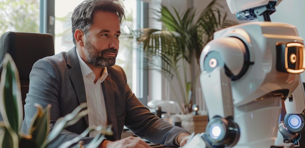 Man Works With Robot at Modern Office Desk