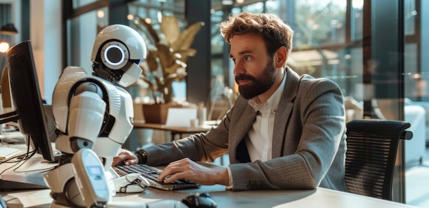 Man Works With Robot at Modern Office Desk