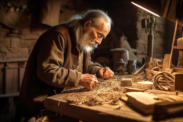 A man works on a wooden table with a lamp on it.