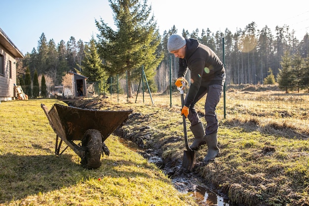 Man in workwear clearing a waterlogged garden path in early spring with a shovel and wheelbarrow amidst a rural landscape