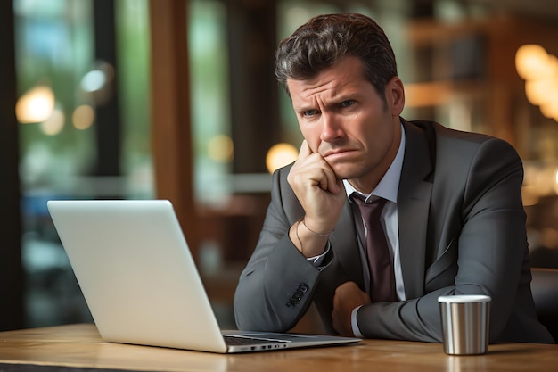 Man in worry posture in front of laptop computer