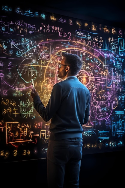 a man write formula math equations illuminated with neon lights