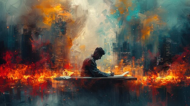 Man Writing Amidst a Burning City