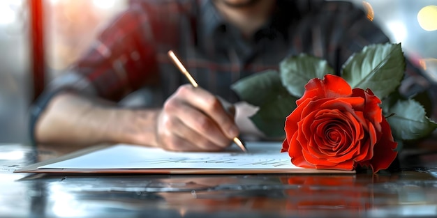 Photo man writing a love letter with a red rose on a desk in selective coloring concept love letter red rose desk selective coloring