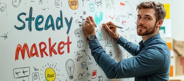 Photo man writing steady market on whiteboard