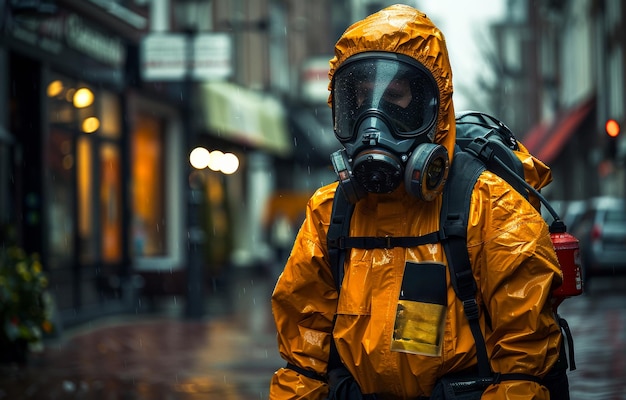 Man in yellow biohazard suit and gas mask