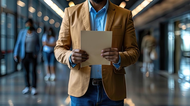 Man in yellow blazer holding a document in a busy hallway