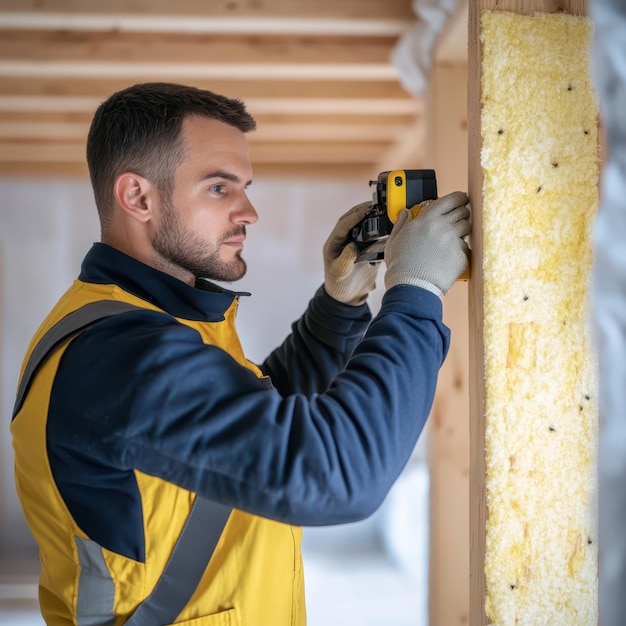 a man in a yellow and blue jacket is using a drill