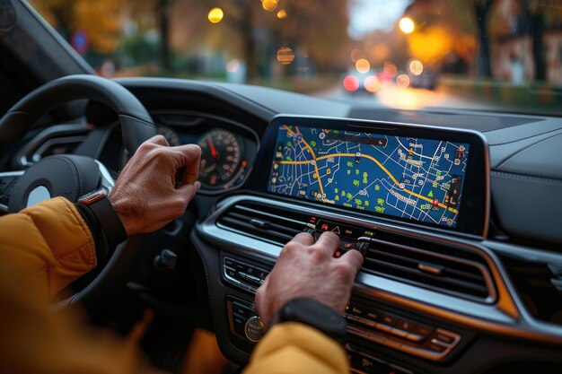 Photo a man in yellow clothes adjusts the navigator in his car