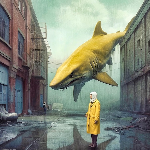 A man in a yellow coat standing on the street where a yellow shark swims Generative AI