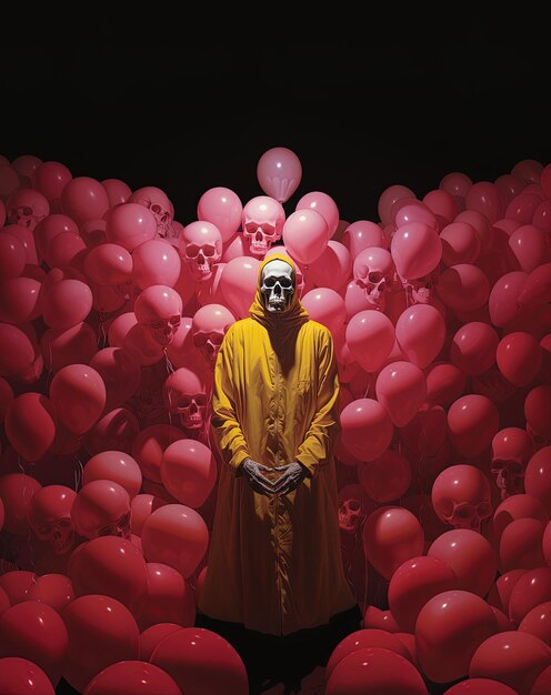 Photo a man in a yellow costume stands in front of a bunch of balloons with the words  death  on the bottom