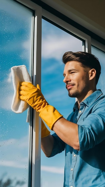 Photo man in yellow gloves cleaning window with rag and spray detergent at home terrace house cleaning an