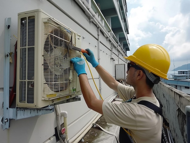 a man in a yellow hard hat is fixing a fan