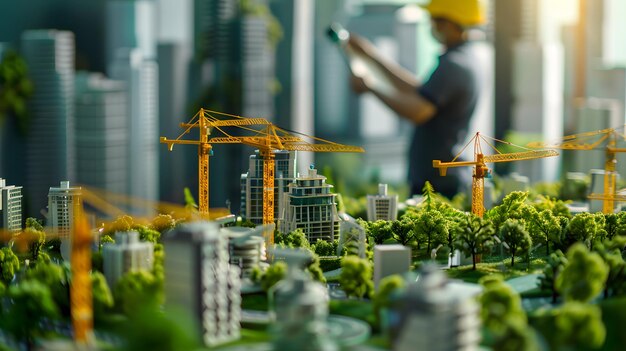 Photo a man in a yellow hard hat is looking at a building with a lot of buildings around him