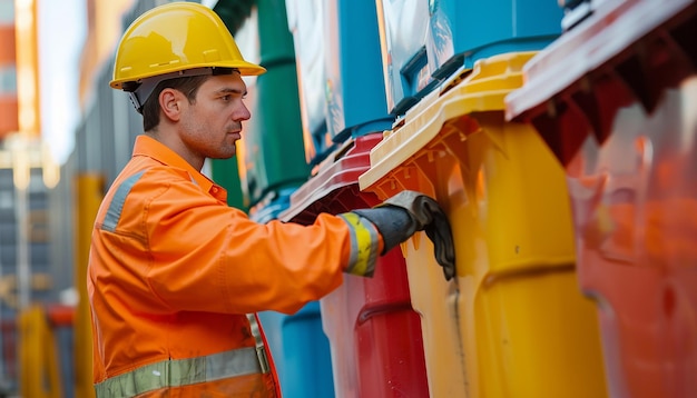 a man in a yellow hard hat is looking down at something