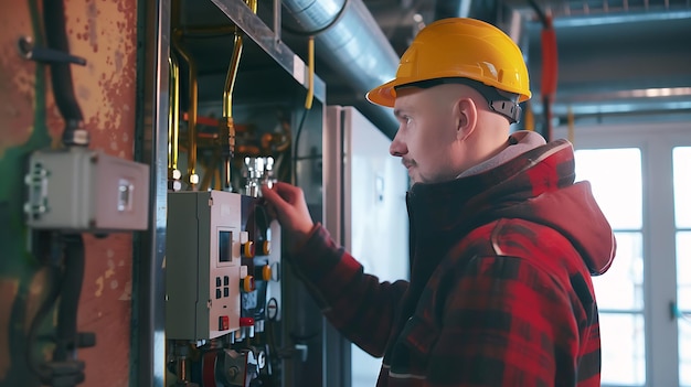 a man in a yellow hard hat is looking at a machine that has the number 4 on it