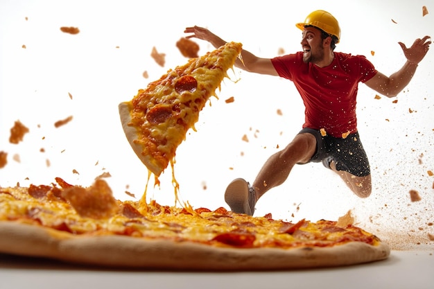 Photo a man in a yellow hard hat is running with a pizza in front of him