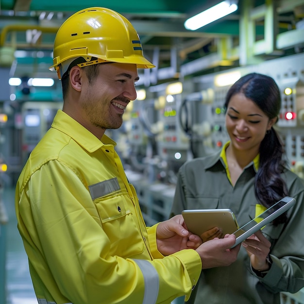 a man in a yellow hard hat is smiling while holding a tablet with a woman in a yellow helmet