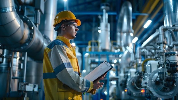 a man in a yellow hard hat is standing in a factory