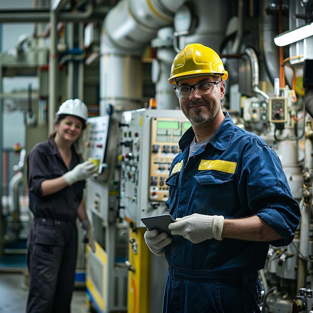 a man in a yellow hard hat is standing in a factory