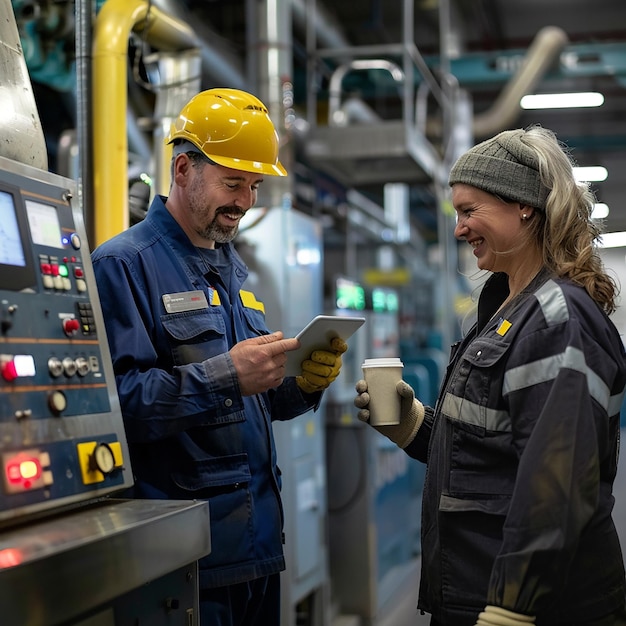 a man in a yellow hard hat is talking to a woman in a yellow hard hat