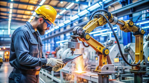 a man in a yellow hard hat is using a machine with a hammer