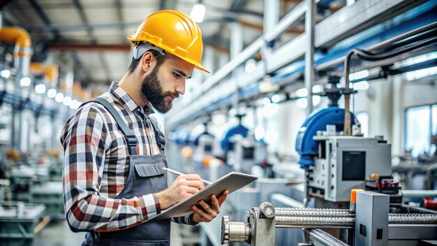 Photo a man in a yellow hard hat is using a tablet in a factory