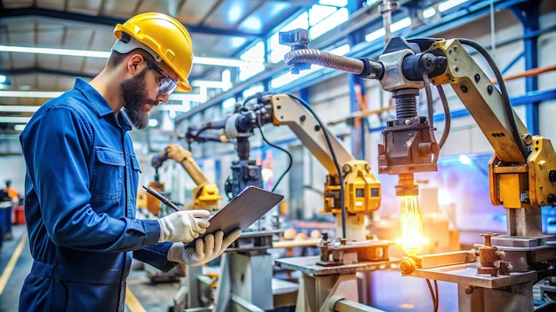 Photo a man in a yellow hard hat is using a tablet in a factory