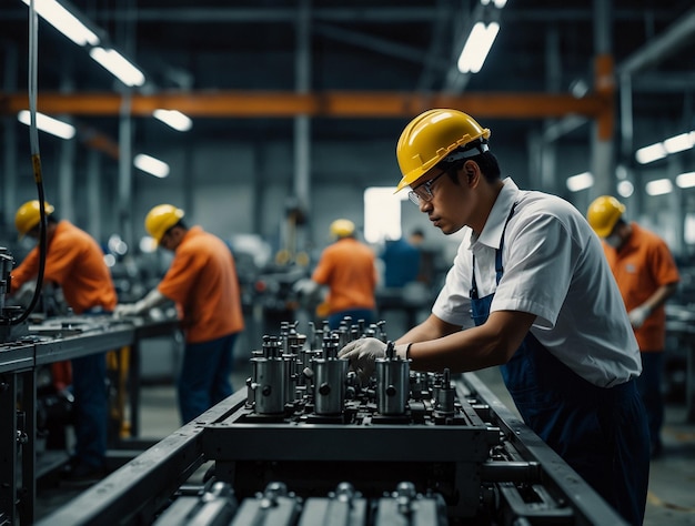 a man in a yellow hard hat is working on a machine in a factory