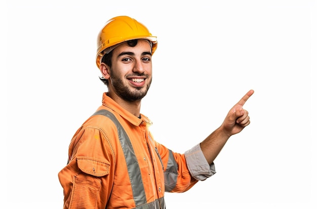 a man in a yellow hard hat pointing to the right