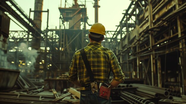 a man in a yellow hard hat stands in front of a construction site