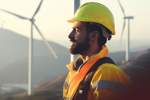 A man in a yellow hard hat stands in front of a wind turbine.